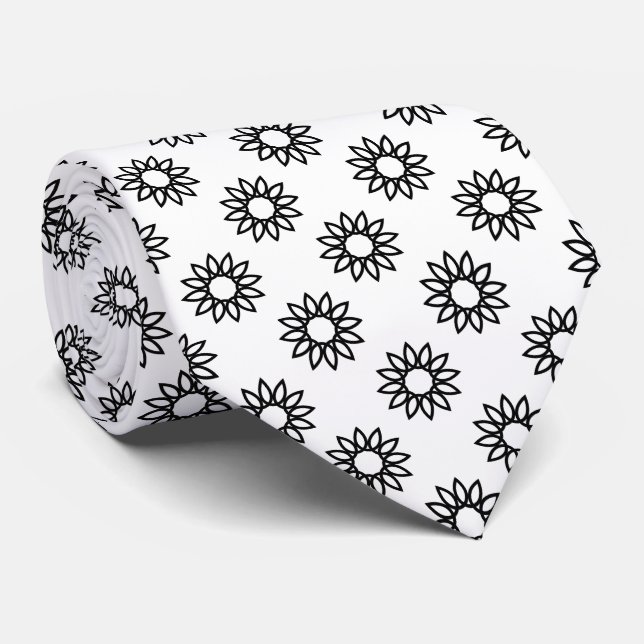Geometric Flower 01 - Black on White Tie (Rolled)