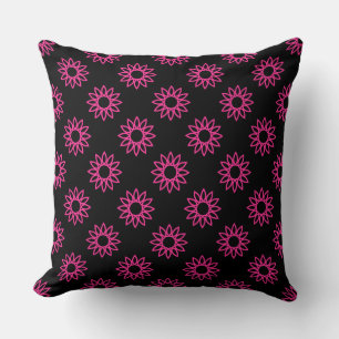 Geometric Flower 01 - Hot Pink on Black Cushion