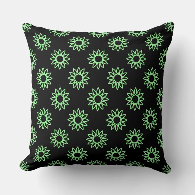 Geometric Flower 01 - Mint Green on Black Cushion (Front)
