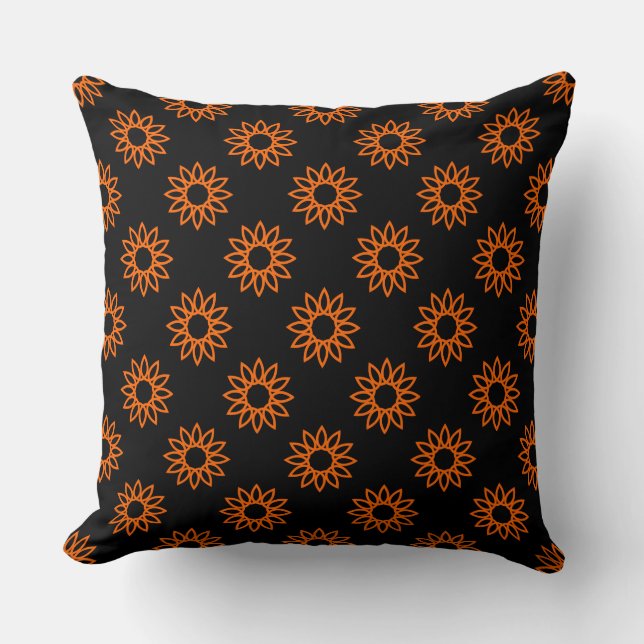 Geometric Flower 01 - Orange on Black Cushion (Front)
