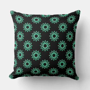 Geometric Flower 01 - Turquoise on Black Cushion