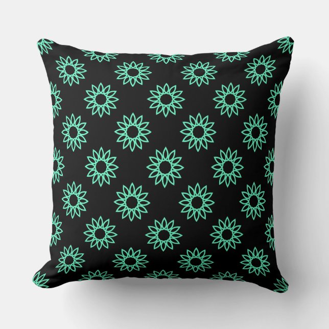 Geometric Flower 01 - Turquoise on Black Cushion (Front)