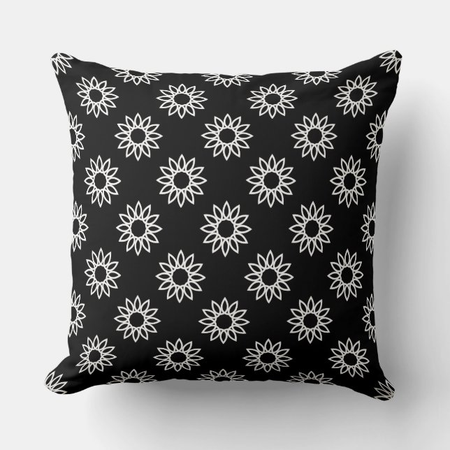Geometric Flower 01 - White on Black Cushion (Front)