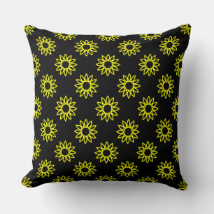 Geometric Flower 01 - Yellow on Black Cushion