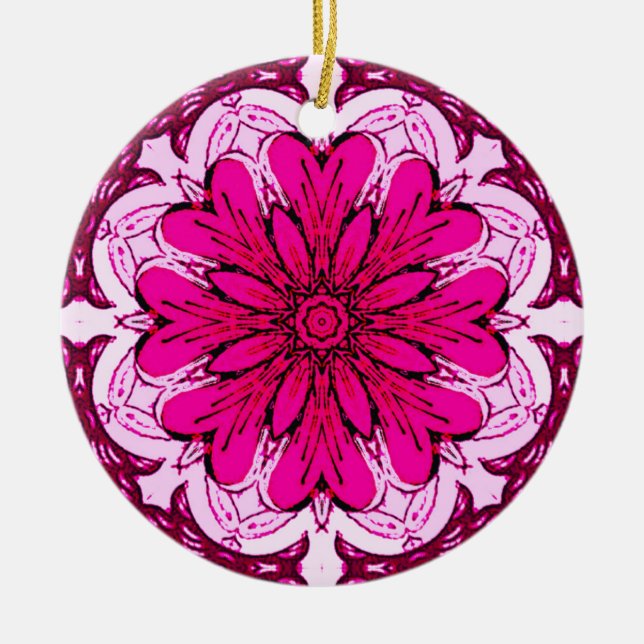 Geometric Flower Pattern in Burgundy & Magenta  Ceramic Tree Decoration (Front)