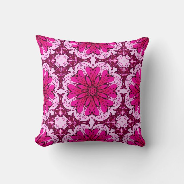 Geometric Flower Pattern in Burgundy & Magenta  Cushion (Front)