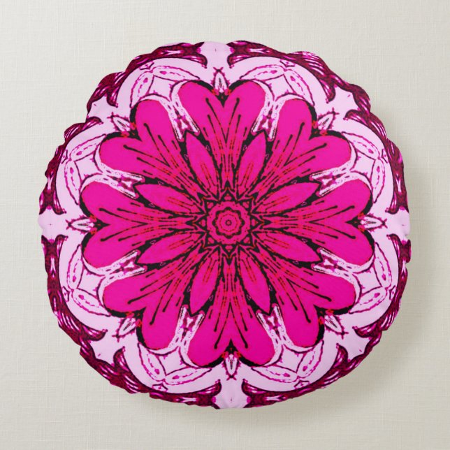 Geometric Flower Pattern in Burgundy & Magenta  Round Cushion (Front)
