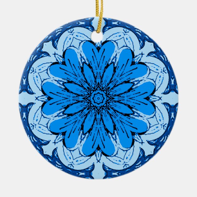 Geometric Flower Pattern in Cerulean & Light Blue Ceramic Tree Decoration (Front)
