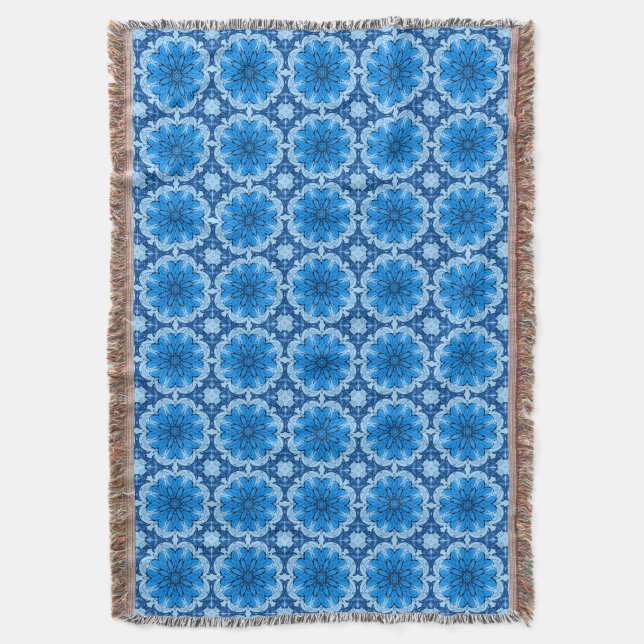 Geometric Flower Pattern in Cerulean & Light Blue Throw Blanket (Front Vertical)