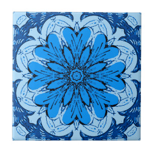 Geometric Flower Pattern in Cerulean & Light Blue Tile
