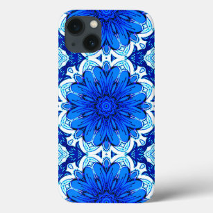 Geometric Flower Pattern in Cobalt Blue and Navy   iPhone 13 Case