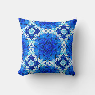 Geometric Flower Pattern in Cobalt Blue and Navy   Cushion