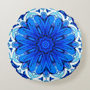 Geometric Flower Pattern in Cobalt Blue and Navy Round Cushion