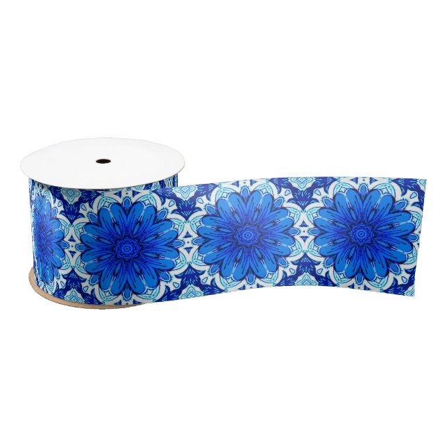 Geometric Flower Pattern in Cobalt Blue and Navy   Satin Ribbon (Spool)