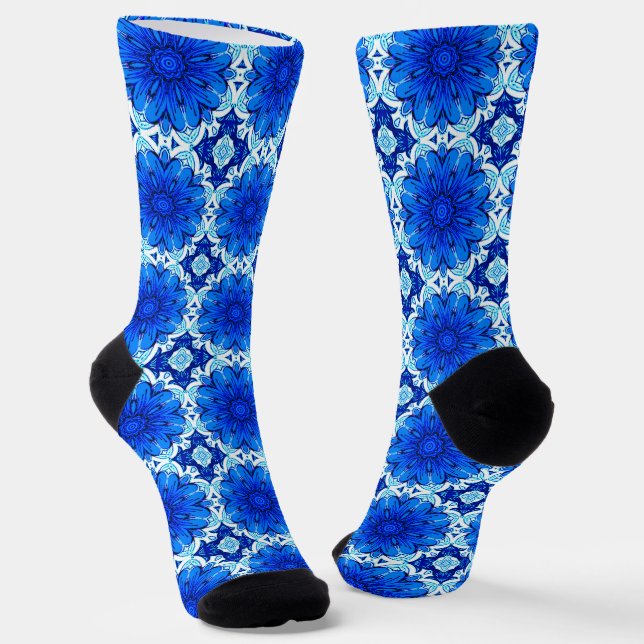 Geometric Flower Pattern in Cobalt Blue and Navy   Socks (Angled)