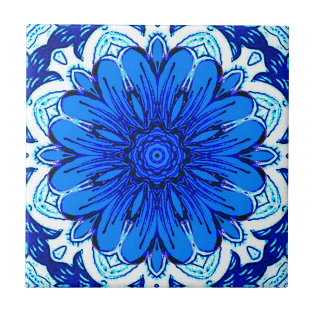 Geometric Flower Pattern in Cobalt Blue and Navy   Tile (Front)