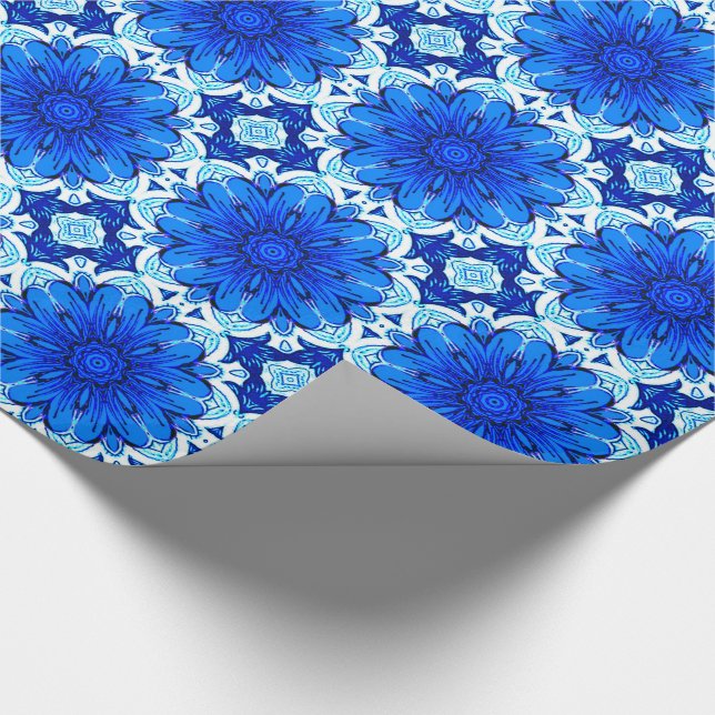 Geometric Flower Pattern in Cobalt Blue and Navy   Wrapping Paper (Corner)
