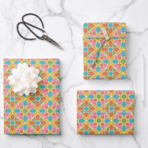 Geometric Flower Pattern Retro Rainbow Wrapping Paper Sheet