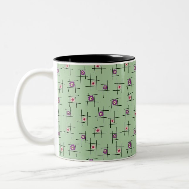 Geometric Flowers and sticks on green background Two-Tone Coffee Mug (Left)