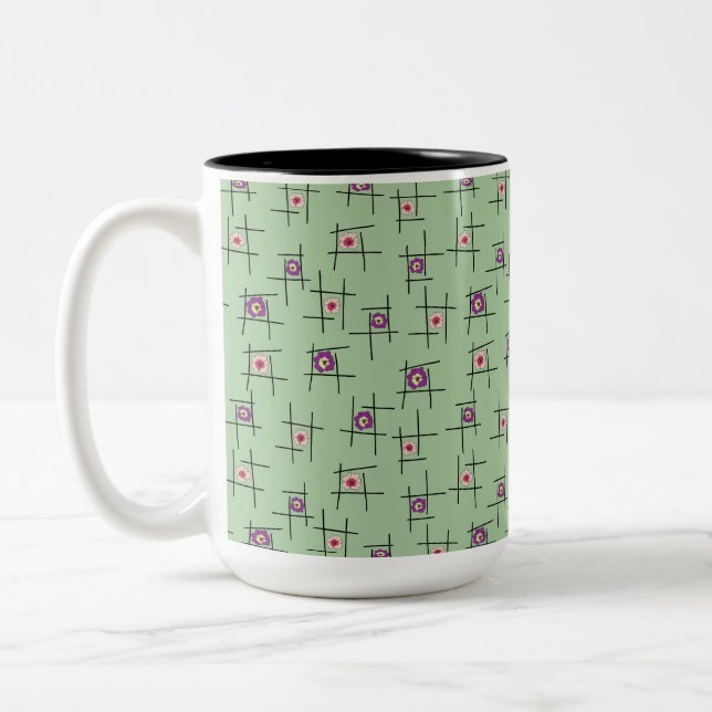 Geometric Flowers and sticks on green background Two-Tone Coffee Mug (Left)