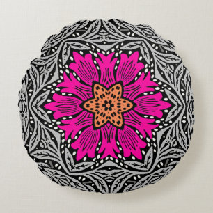 Geometric Flowers - Fuchsia Pink and Grey Round Cushion