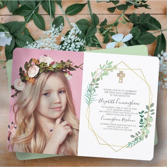 Geometric Foliage Cross Photo Communion Invitation (Creator Uploaded)