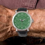 Geometric Forest Green Zig Zags Editable Numeral Watch<br><div class="desc">Put your own spin on things with the Geometric Forest Green Zig Zags Editable Numeral Watch. Choose between the default Roman numerals, Arabic numerals, a numbering system of your own design, or leave the numbers off completely! Whatever you go with, any symbols you choose will show up clearly in white...</div>