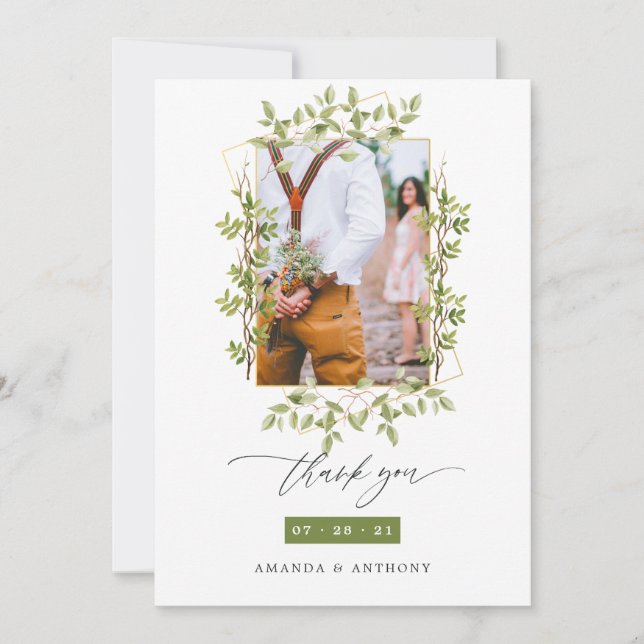 Geometric Forest Greenery Wedding Photo Collage Thank You Card (Front)