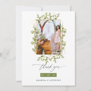 Geometric Forest Greenery Wedding Photo Thank You Card