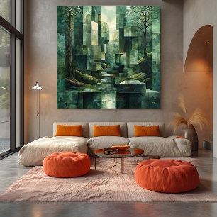 Geometric Forest Scene in Shades of Green Abstract Canvas Print