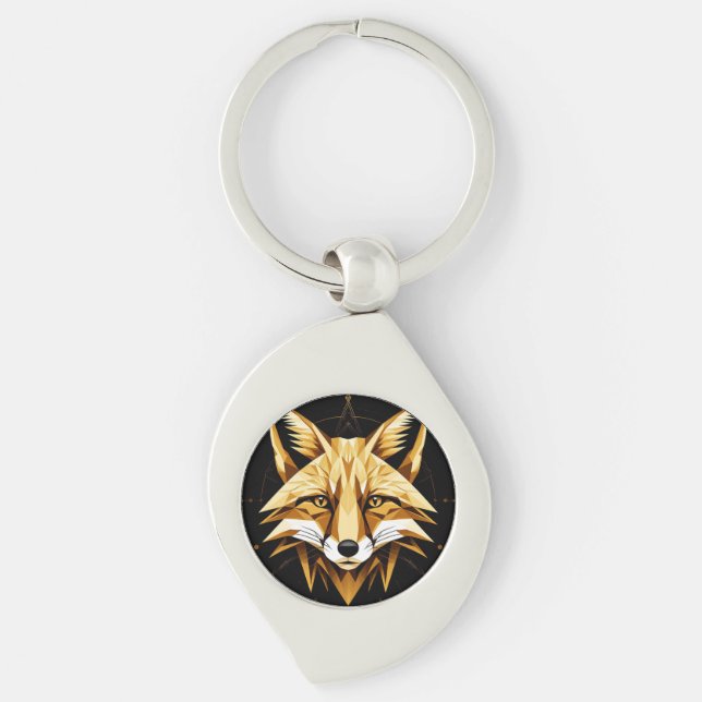 Geometric Fox Illustration With Golden Tones Key Ring (Front)
