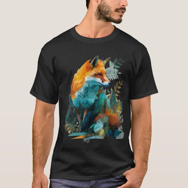 Geometric Fox with Botanical Background T-Shirt (Front)