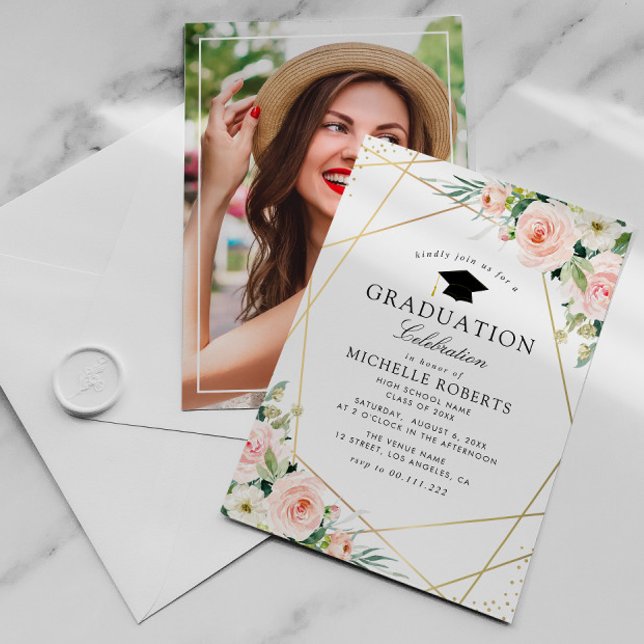 geometric frame blush pink floral graduation party invitation (Creator Uploaded)