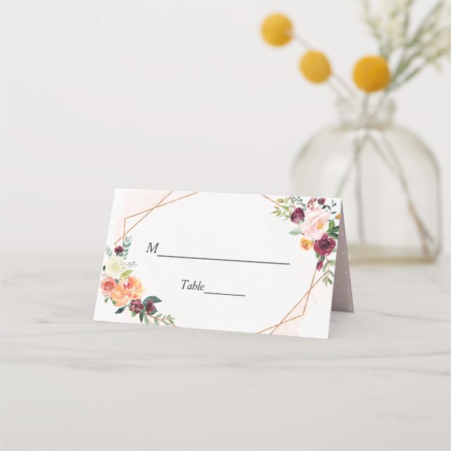 Geometric Frame Bright Bloom Floral Wedding Table Place Card (Front)