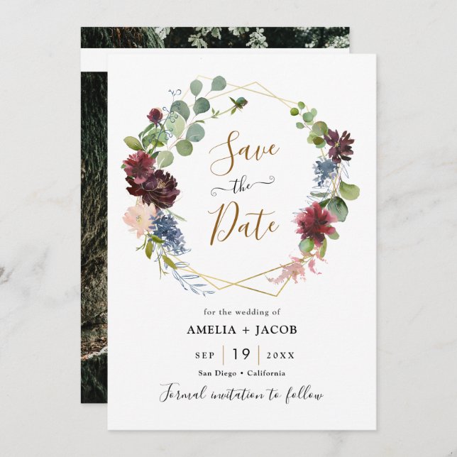 Geometric Frame Burgundy Navy Floral Save the Date Invitation (Front/Back)