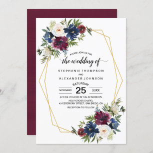 Geometric Frame Burgundy Navy Flowers Wedding Invitation