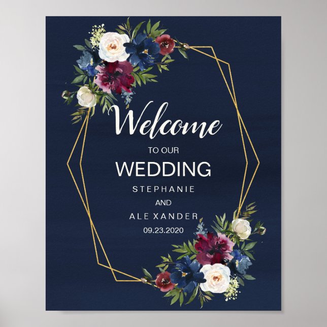 Geometric Frame Burgundy Navy Flowers Wedding Poster (Front)
