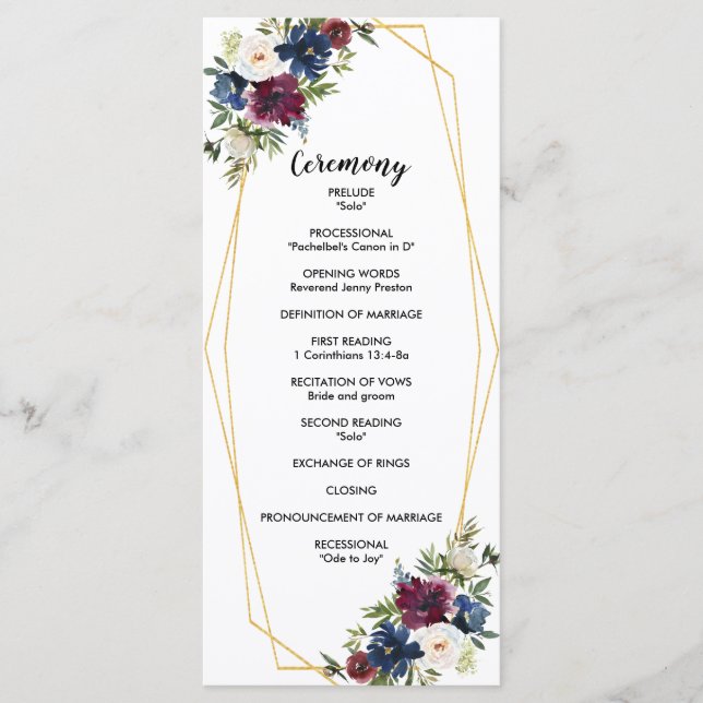 Geometric Frame Burgundy Navy Flowers Wedding Programme (Front)