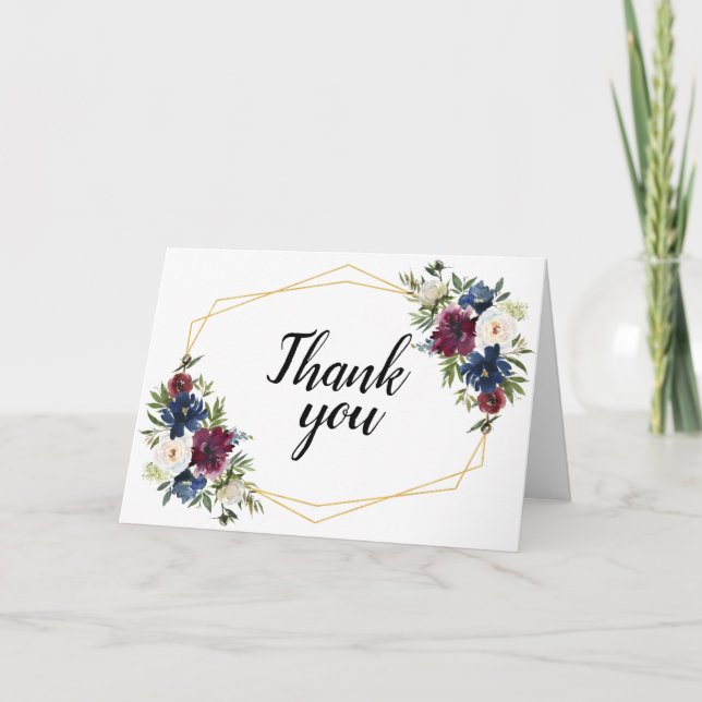 Geometric Frame Burgundy Navy Flowers Wedding Thank You Card (Front)