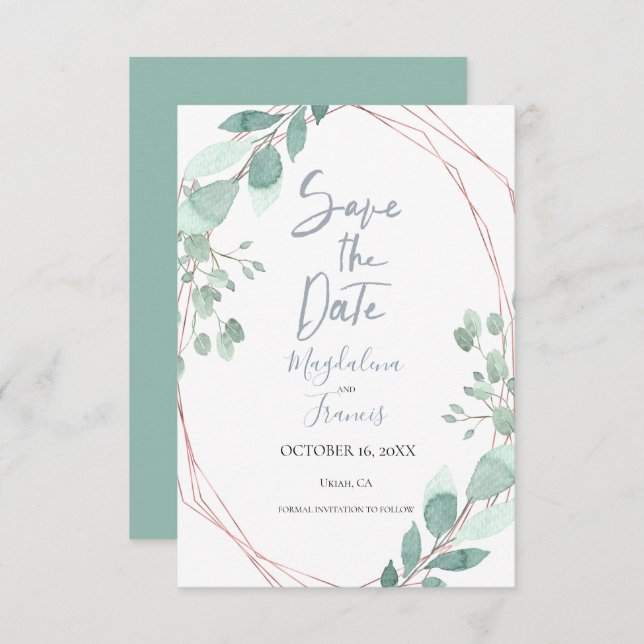 geometric frame delicate greenery save the date invitation (Front/Back)