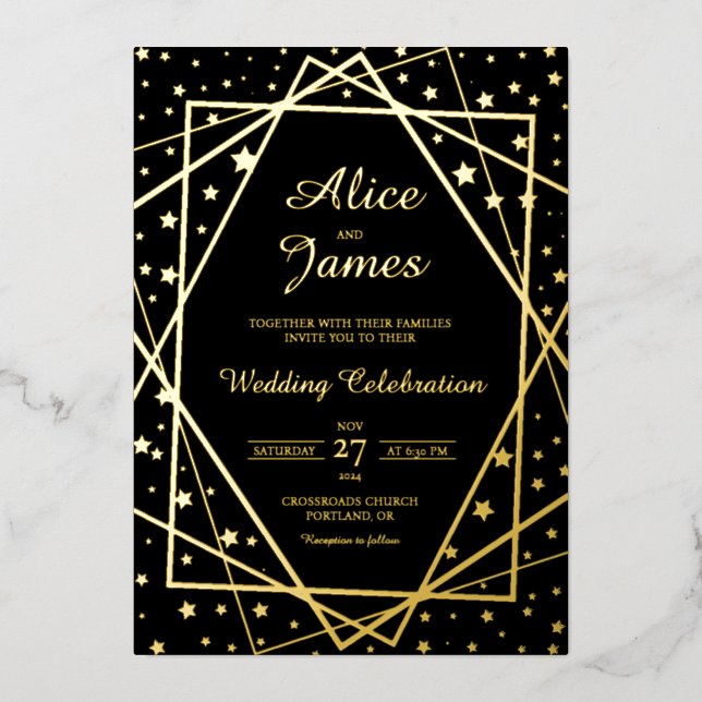 Geometric Frame Elegant Black Gold Foil Wedding (Front)