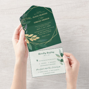 Geometric frame gold and green with Rsvp Wedding All In One Invitation
