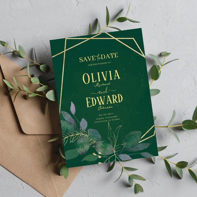 Geometric frame green and gold leaves save the date (Creator Uploaded)