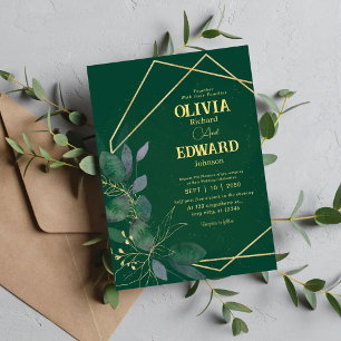 Geometric frame green and gold leaves wedding invitation