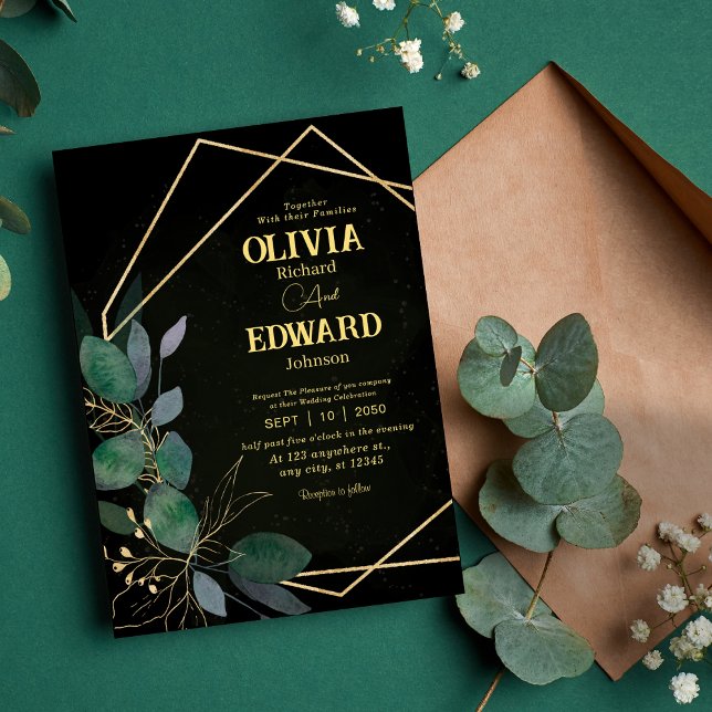 Geometric frame green and gold leaves wedding invitation (Creator Uploaded)