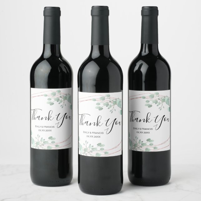 geometric frame greenery thank you  wine label (Bottles)