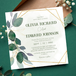 Geometric frame leaves Square wedding Invitation