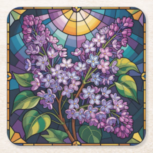 Geometric Frame Lilacs Stained Glass Coaster Set