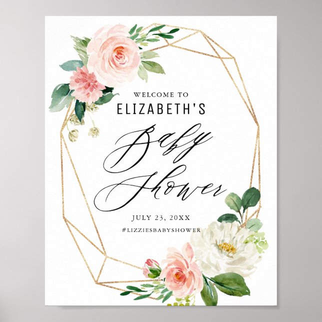 Geometric Frame Pink Florals Baby Shower Welcome Poster (Front)