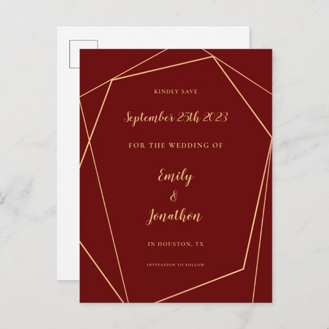 Geometric Frame Script Burgundy Gold Wedding Save  Announcement Postcard (Front/Back)